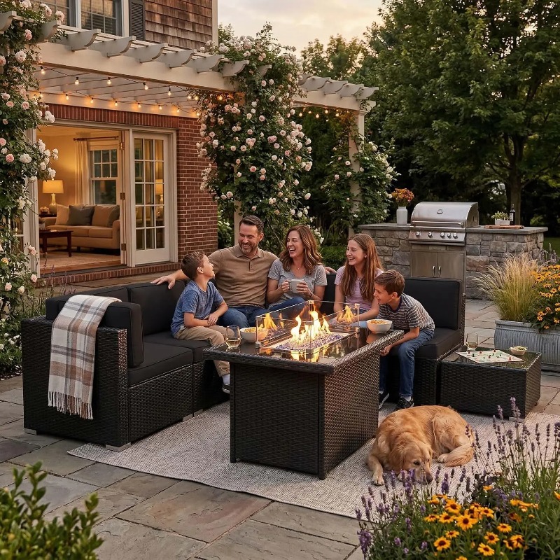 Outdoor Furniture With Fire Pit - 8 Parçalı Veranda Hasır Köşe Koltuk