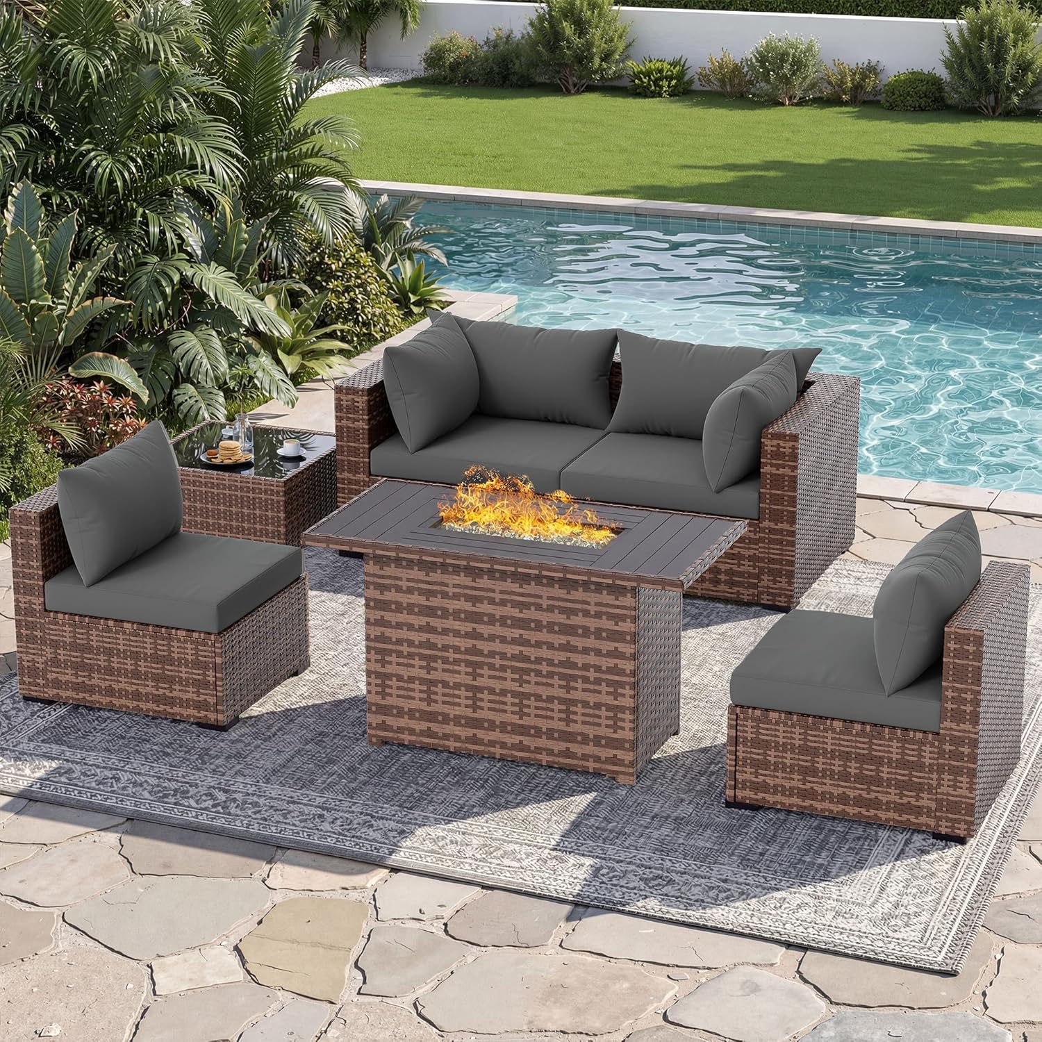 Outdoor Furniture With Fire Pit - 5 Parçalı Açık Hava Köşe Koltuk