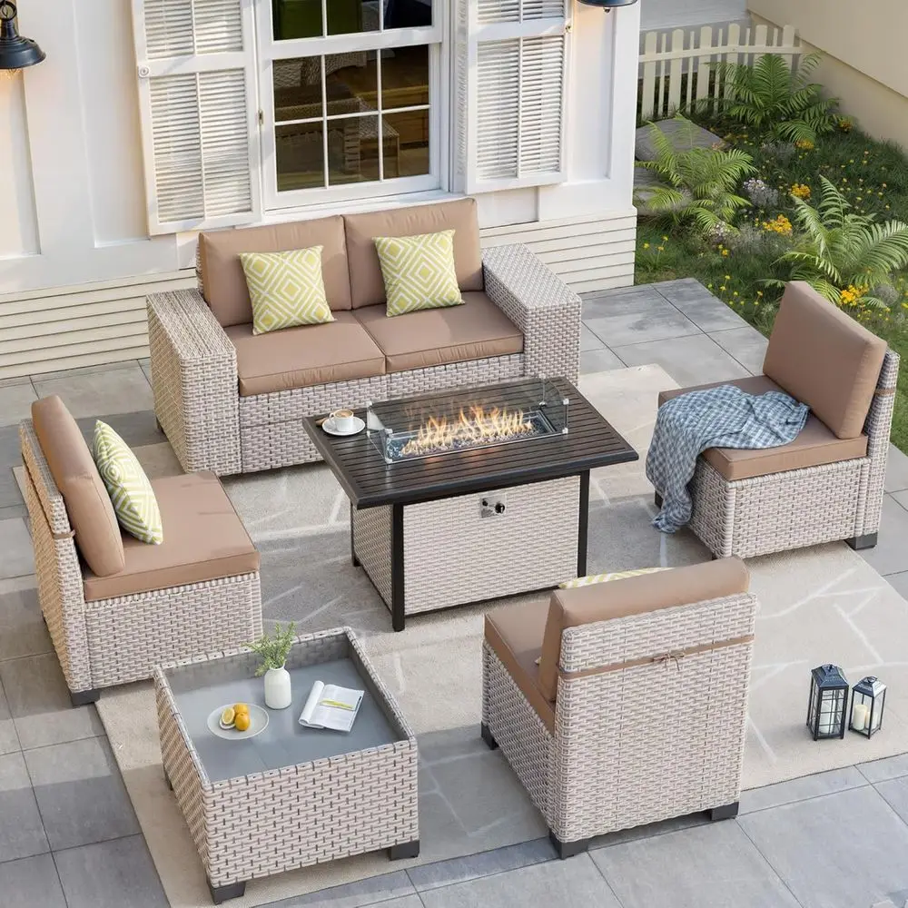 Outdoor Furniture With Fire Pit - 7 Parçalı Dış Mekan Veranda Mobilya
