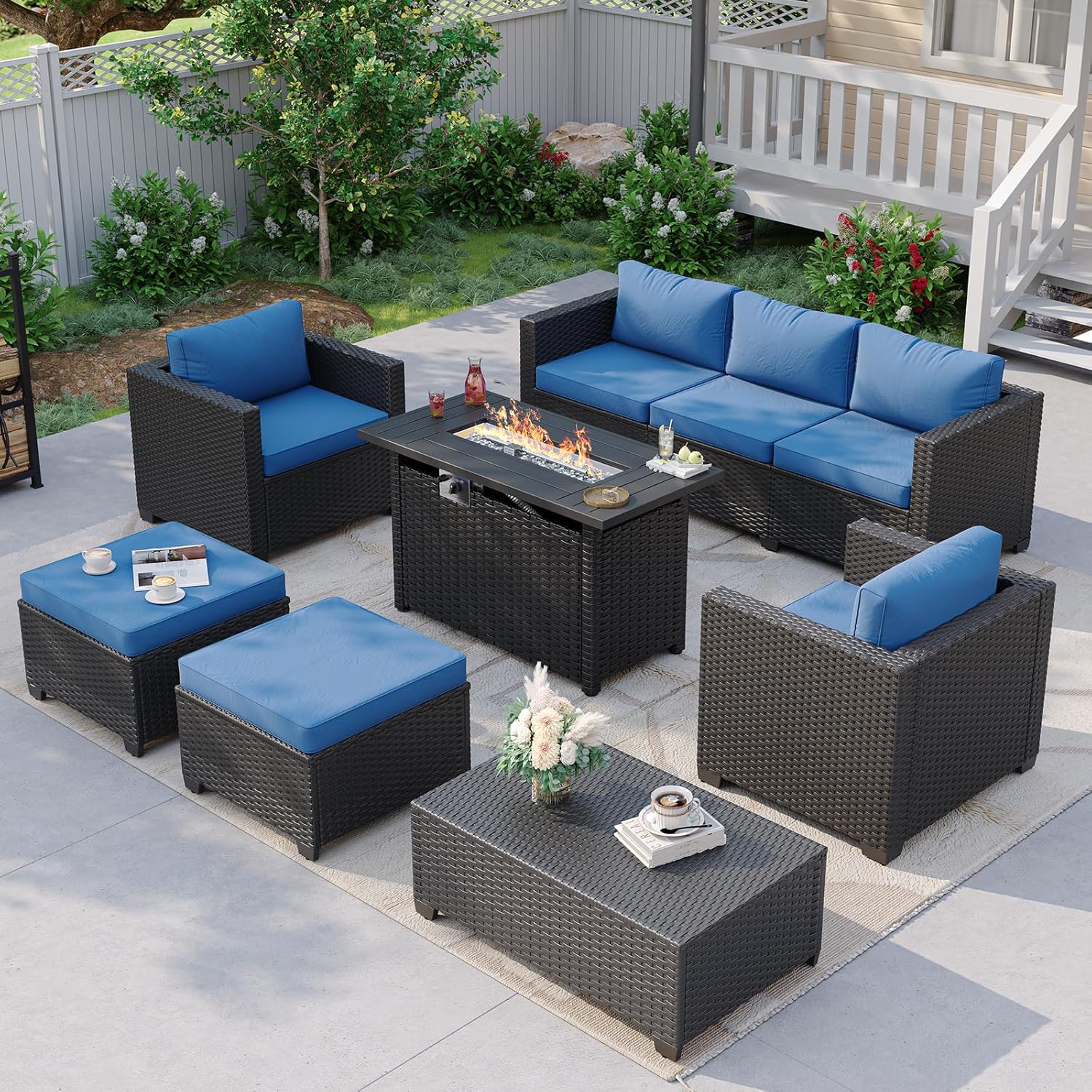 Outdoor Furniture With Fire Pit - Lacivert Dış Mekan Köşe Koltuk Takımı,
