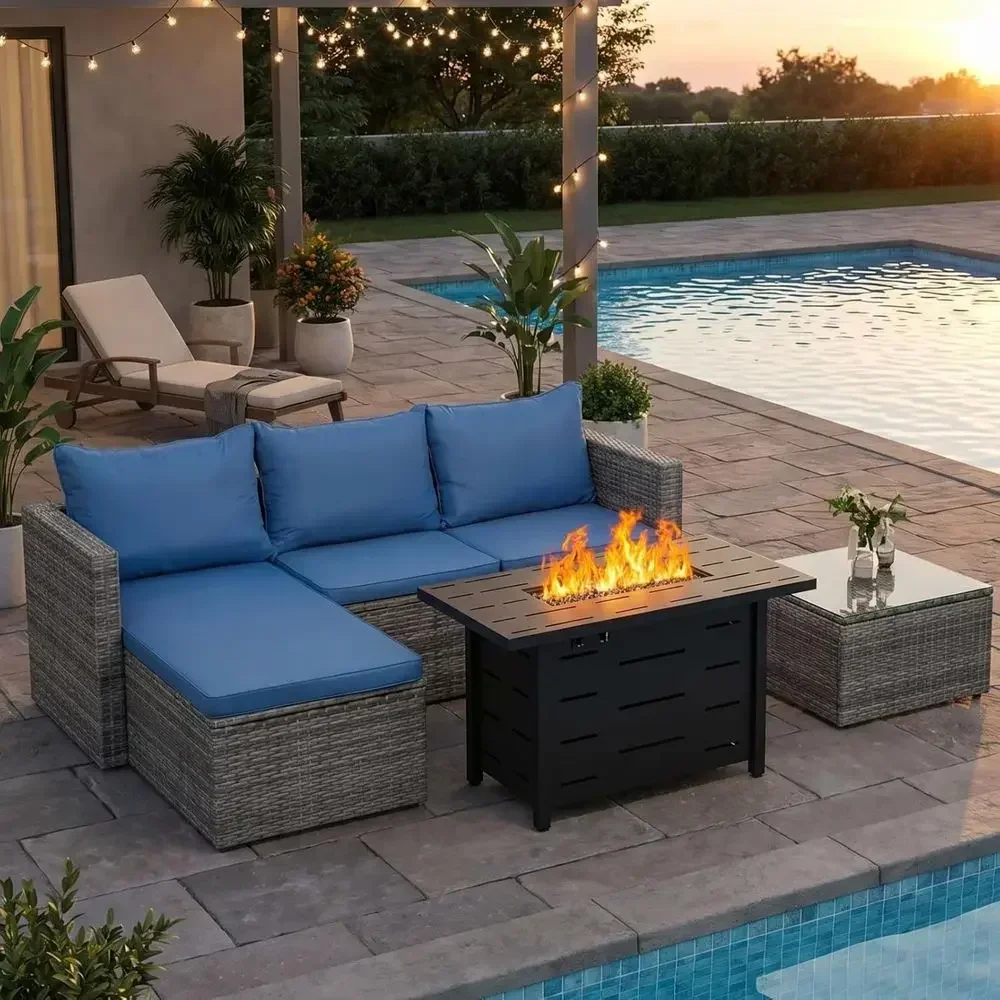 Outdoor Furniture With Fire Pit - 4 Parçalı Açık Hava Hasır Bahçe