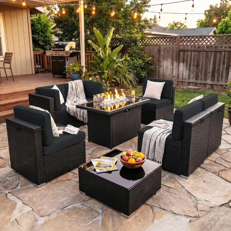 8 Parçalı Veranda Hasır Köşe K - Outdoor Furniture With Fire Pit incelemesi ve fiyatı